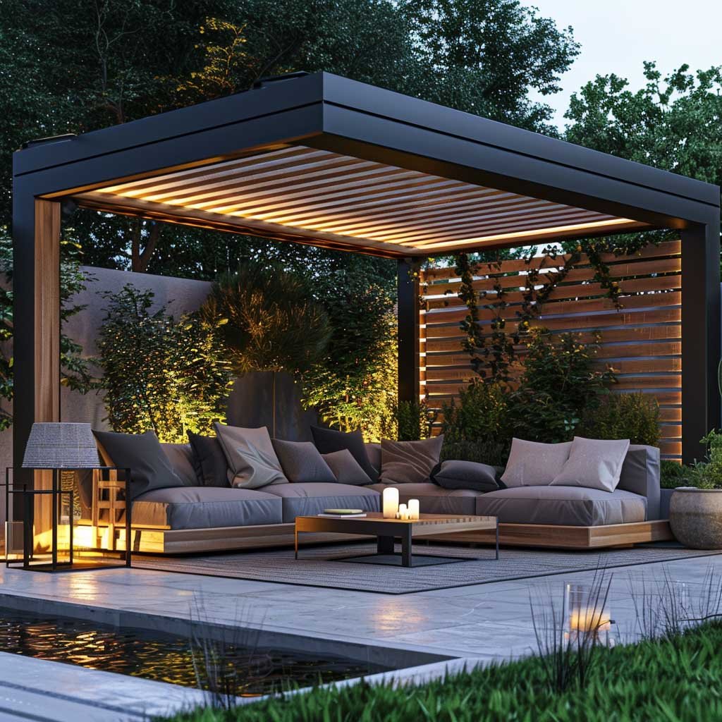 A cozy outdoor patio area with a modern pergola, comfortable seating, and soft lighting, perfect for evening relaxation