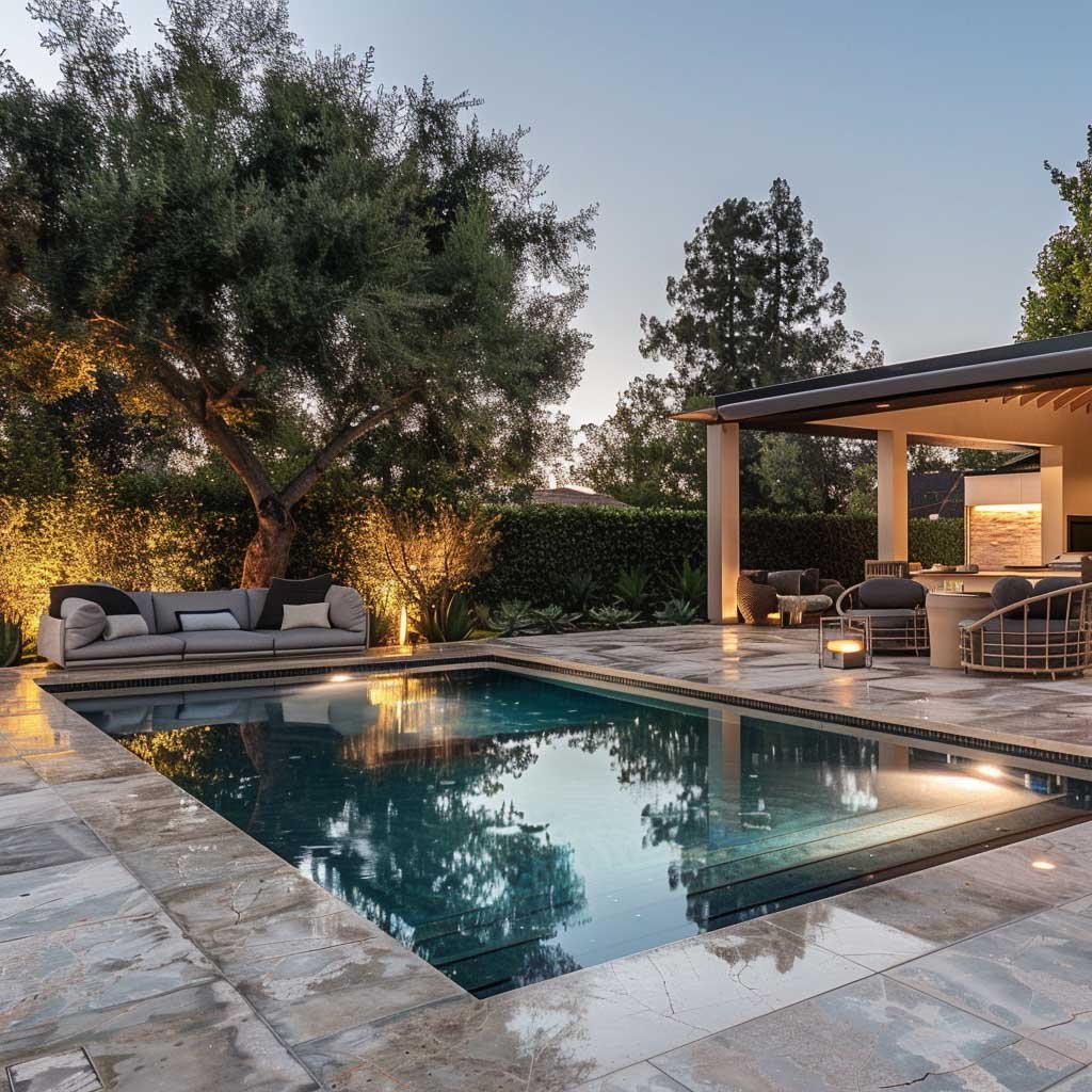 A luxurious pool with updated tiles, a sleek pool deck, and ambient lighting for evening swims, surrounded by stylish outdoor furniture